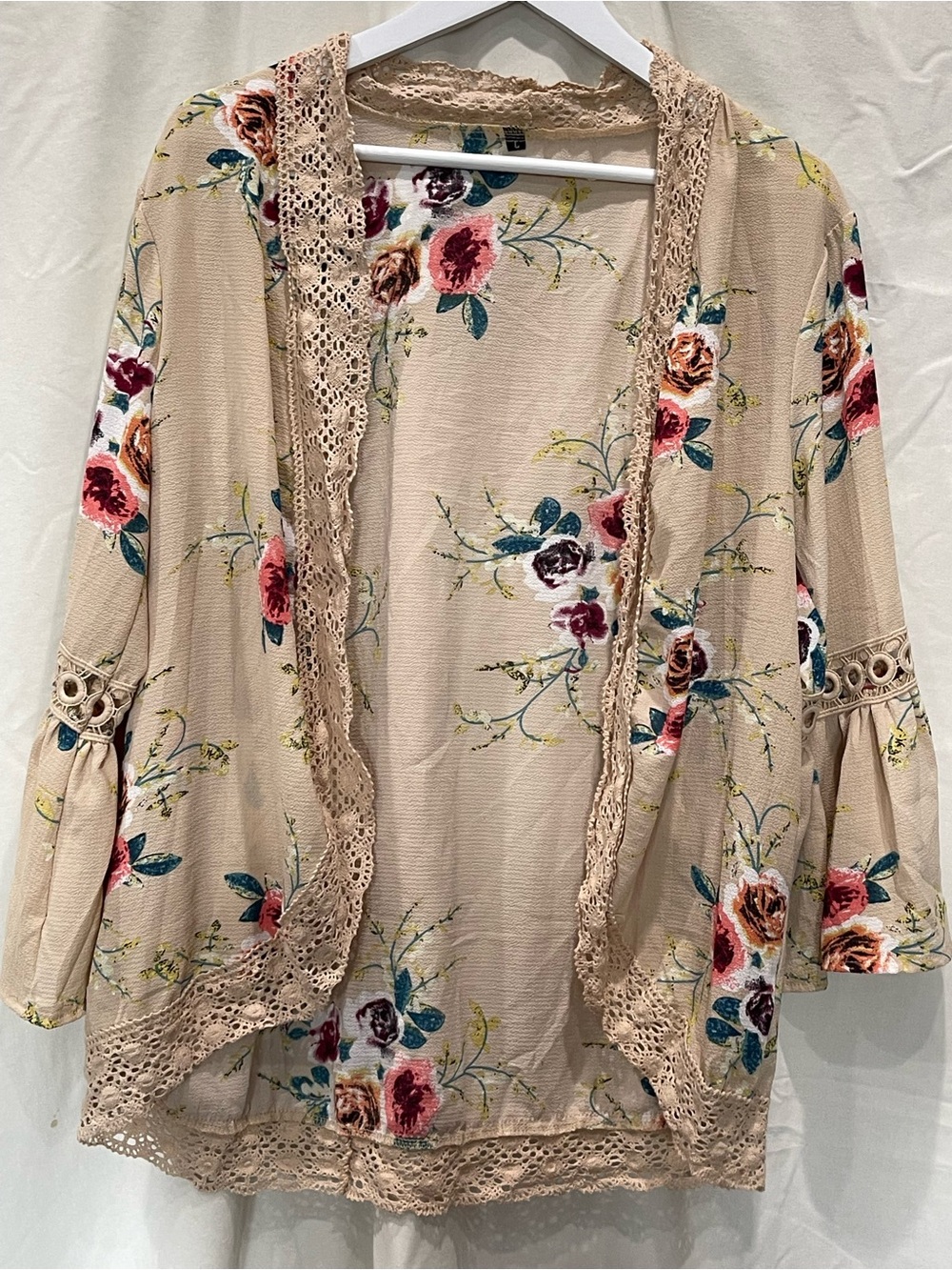 Floral Crochet-Trim Open Front Cardigan - Beige